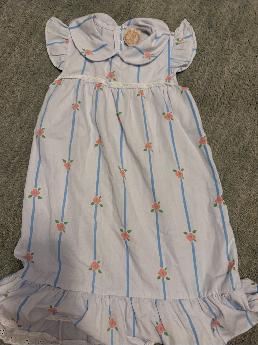 Beaufort Bonnet White Dress with Blue Stripes and Pink Floral Accents